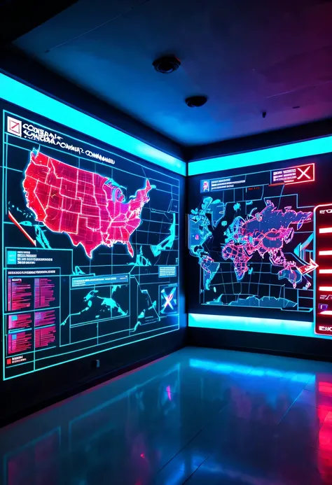 future combat command，Hologram projection hanging on the wall，There are marching routes on the map，Marked with a red arrow on the map，There are coordinates on the map，cyberpunk，X-ray，fluorescence，neon lights，high tech，command hall，Control lobby