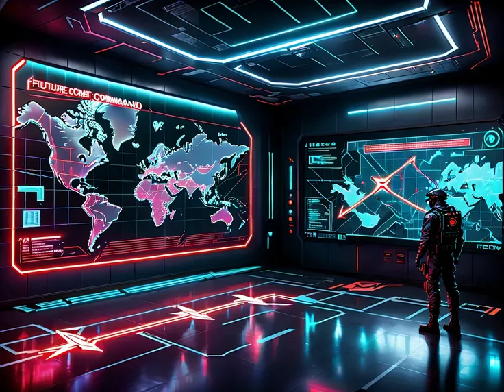 future combat command，Hologram projection hanging on the wall，There are marching routes on the map，Marked with a red arrow on the map，There are coordinates on the map，cyberpunk，X-ray，fluorescence，neon lights，high tech，command hall，Control lobby