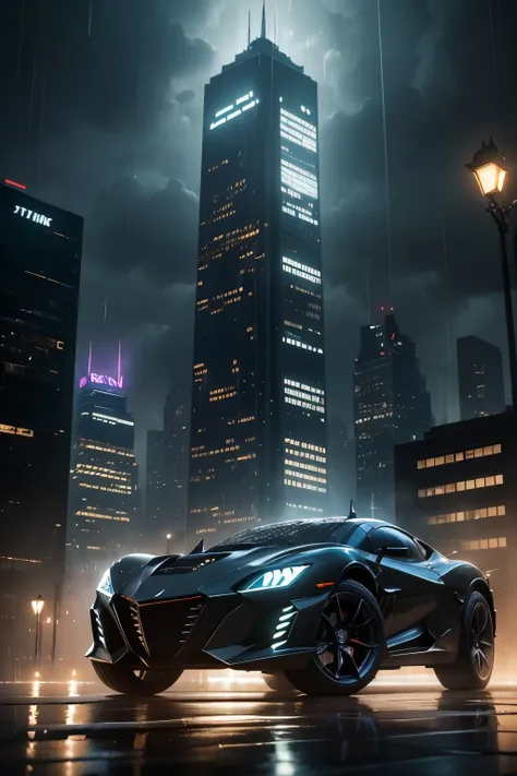 A futuristic and technological Batman car in the rain in a city at night, ultra-detalhado, realistic, foto premiada, SDXL, 8k, HDR, studio lighting, vivid colors, detailed reflections, asfalto molhado, Luzes de rua brilhantes, dramatic atmosphere, design e...