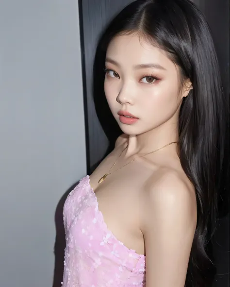 um close up de uma mulher em um vestido rosa posando para uma foto, jennie blackpink, jennie, lalisa manobal, taejune kim, wenfe...