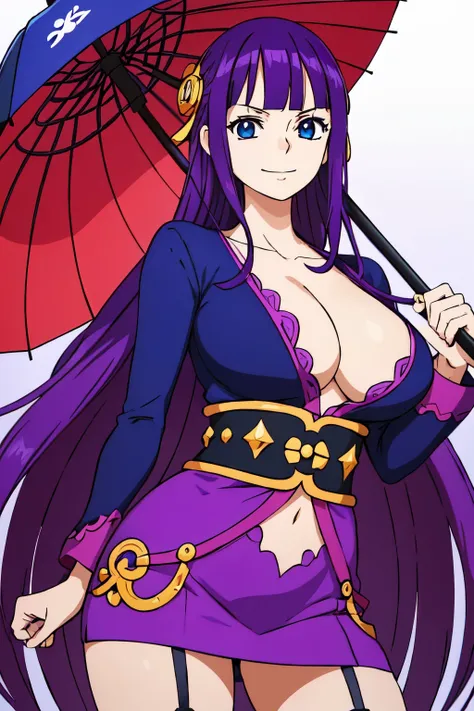 (((One Piece female character))), (Full body), (Sexy), (((Ultra long hair))), (((Purple hair with dark red))), ((long hair touches the ground)), (((electric blue eyes))), ((( moles under left eye))), (((moles under eye))), (((pale skin))), ((mischievous sm...