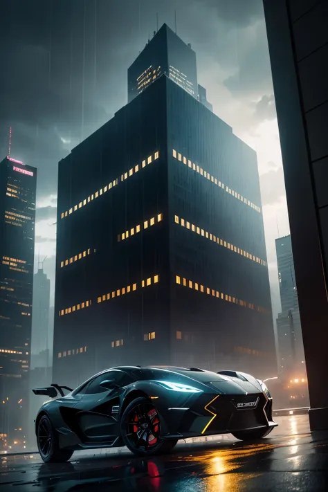 A futuristic Batman car in the rain in a city at night, ultra-detalhado, realistic, foto premiada, SDXL, 8k, HDR, studio lighting, vivid colors, detailed reflections, asfalto molhado, Luzes de rua brilhantes, dramatic atmosphere, design elegante, dynamic m...