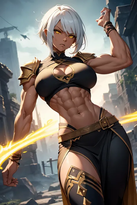 Hyper detailed. Slender, female halfling barbarian, mature woman, imponent pose. Perfect, fit, toned, lean, athletic, supple, dark skin and very muscular physique, long skirt. Defined abs, strong shoulders and traps, slim hips. Short white hair. Glowing ye...