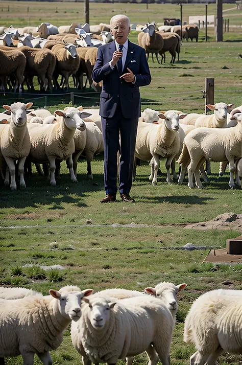 President Joe Biden standing in front of a herd of sheep giving a speech