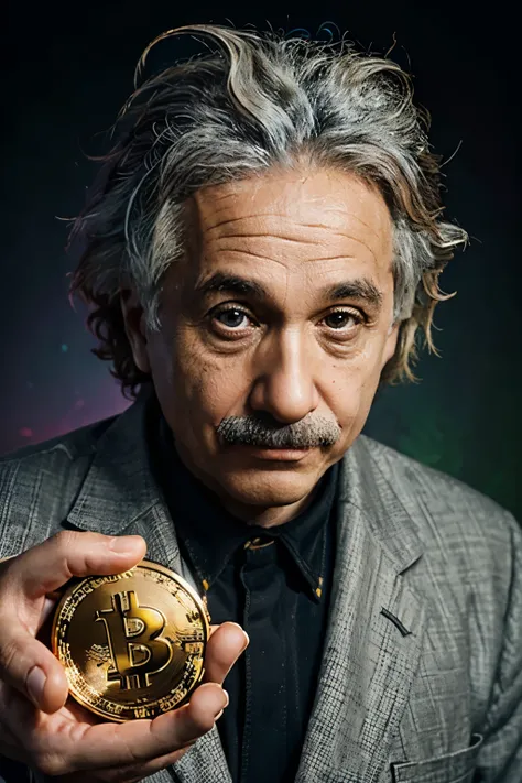 Einstein hanging out with a bitcoin in one hand and an ethereum in another very realistic image, the background of the image is very psychedelic