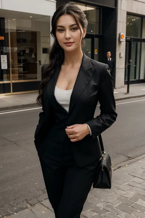 talian, waivy hair, bit like monica bellucci, smile, updo, dressed in business suit, full body shot