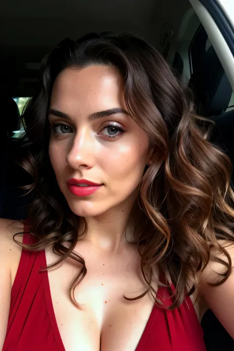 Beautiful spanish woman, long curly brown hair, wearing a red dress without print, front view sitting inside a car, taking selfie, very detailed, 27 years old, natural wave hair, high-res, masterpiece, best quality, intricate details, highly detailed, shar...