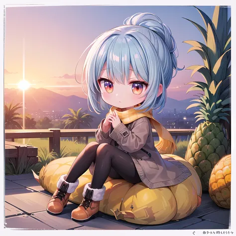 (chibi, pineapple, one girl: 1.4), (masterpiece, almond-shaped eyes, glossy white-blue hair, short chignon hair, top quality, ca...