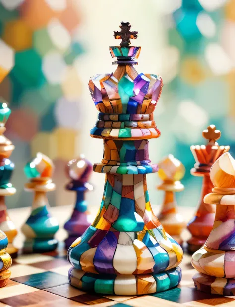 digital art, Chess board made of ral-ntrgmstn, at Townhouse, dramatic light, bokeh, Pastel Colors, Mosaic-Like, multicolored, vivid colors, detailed, realistic, high res, best quality, masterpiece, UHD, 8k