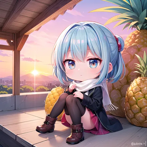 (Chibi, Pineapple, one girl: 1.4), (Masterpiece, almond-shaped eyes, glossy white-blue hair, short chignon hair, top quality, carefully drawn fingertips, beautiful anatomy,full body : 1.4), (Tasteful Colored pencil hand-drawn picture: 1.3), (Red cheeks, in...