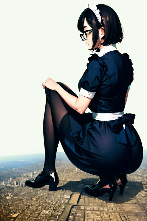 Giantの芸術, 非常に詳細なGiantショット, Giant, short hair, A maid that is much bigger than a skyscraper, wearing rimless glasses, big breasts, big ass, navy maid uniform, black pantyhose, black shoes, very small metropolis, miniature metropolis, squatting and urinating...