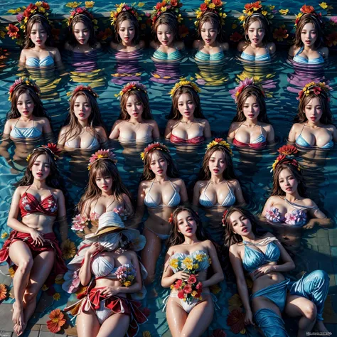 (Full of colorful flowers, White and Red, ((Overhead shot, From directly above))), (Acutance:0.85), ((NSFW:-0.95)), (Exposed:1.1), (((nipple:-0.99))) . ((Group photo of 6 girls (laying in a pool filled with flower:1.25))), { (Full of flowers covering and s...