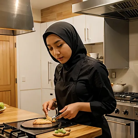 Young malay hijab preparing food at kitchen 