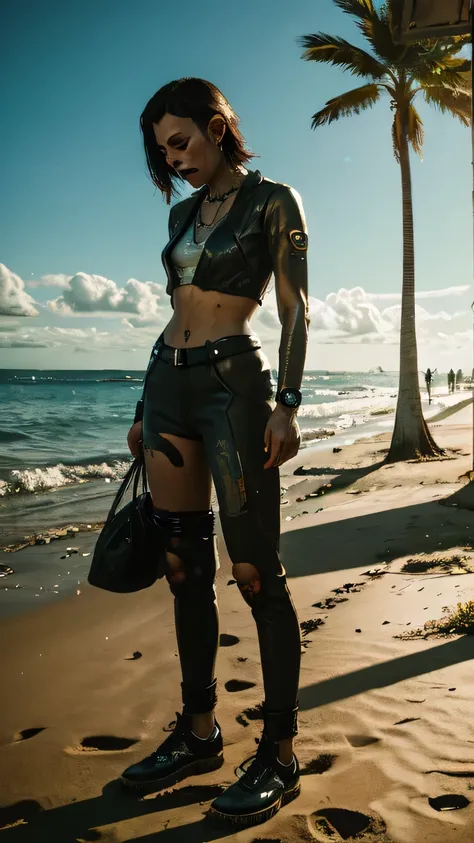 sad rich bussiness yooungg female cyberpunk,sad on a beach, sunny, crying, paiting, sun,, cyberpunk