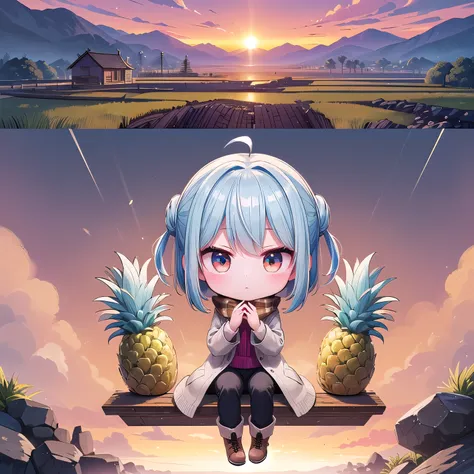 (Chibi, Pineapple, one girl: 1.4), (Masterpiece, almond-shaped eyes, glossy white-blue hair, short chignon hair, top quality, carefully drawn fingertips, beautiful anatomy,full body : 1.4), (Tasteful Colored pencil hand-drawn picture: 1.3), (Red cheeks, in...