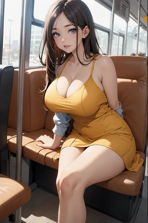 living room、beautiful girl sitting on the bus, long black hair, detailed blue eyes, (curvy:0.9), huge breasts, cleavage, short yellow dress, (bare arms), bare legs, (inside bus)