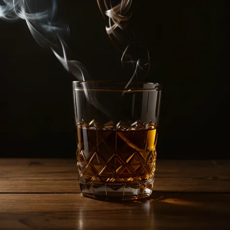 best quality, high res, photography, old money style, whisky glass, a lot of smoke coming from glass