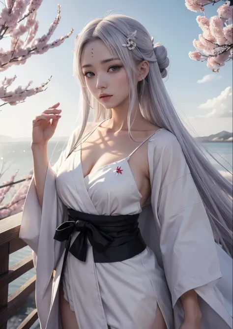 personnage d&#39;anime avec des cheveux longs et une robe blanche et une étoile, Amaterasu, inspiré par Chen Jiru, divinité aux cheveux blancs, de Naruto, le regard perçant de Yuki Onna, sakura haruno en mode limace sage, robes blanches fluides, déesse jap...