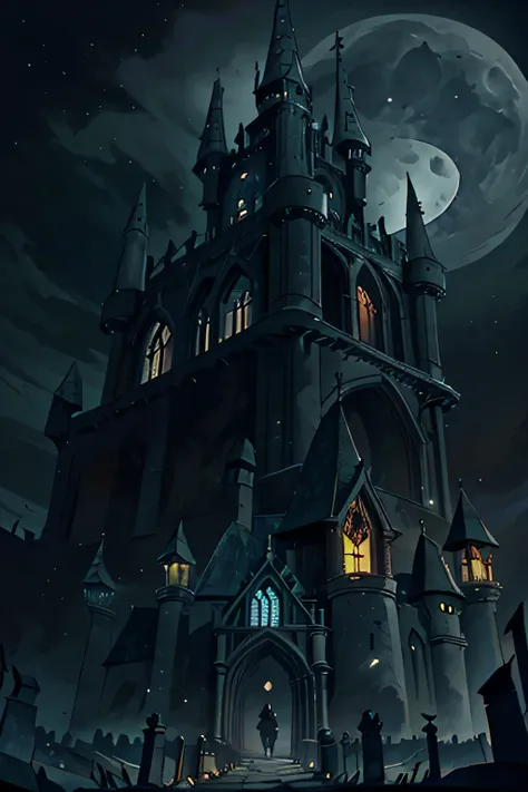 generate an image featuring a gothic-inspired citadel surrounded by ominous landscapes, illuminated by moonlight. incorporate in...