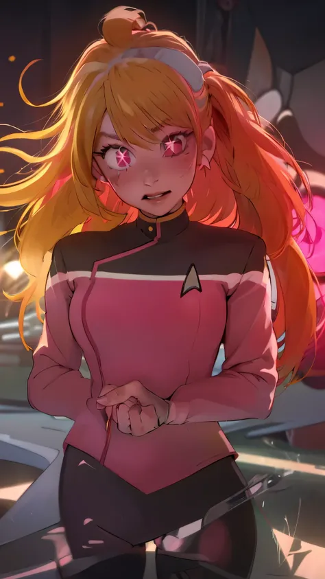 ruby hoshino, (yellow hair:1.5), long hair, one side up, (pink eyes:1.5), sidelocks, (star-shaped pupils:1.5), (symbol-shaped pupils:1.5), (mismatched pupils:1.5),   on  a blank netural backhround a red sttldunf uniform