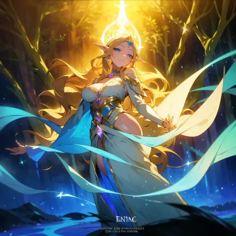 stunning, wavy blonde hair, blue sparkling eyes, glowing skin, delicate facial features, graceful posture, long elven ears, flowing robes, intricate staff, magical aura, enchanting forest background, ethereal lighting, mystical atmosphere, fantasy portrait...