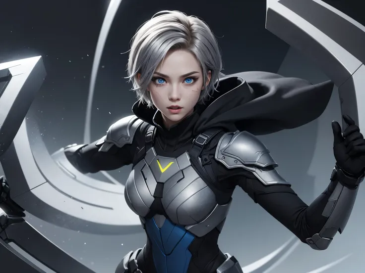 (cartoon style: 1.2)、super technical armor (matte black and silver) Put on the、short hair、blue eyes、highly detailed face、colorful、action、Foamy、4K quality