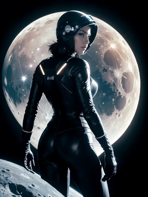 Masterpiece, UHD. A stargate on the moon. Casting light. From back, Next to the gate, an ultra hot gorgeous European woman, age 23, she’s a playmate, men magazine model. She wear a tight cyberpunk astronaut suit covering all her body. Her helmet is sealed....