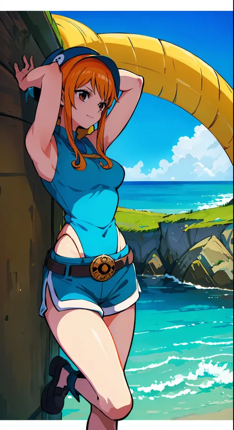 Nami is a character from the anime One Piece, and she is part of the hay hat cast. According to the description I requested, I will try to provide a detailed description of Nami stretching on the ship with three-dimensional technology. (3D):

Nami is a pre...