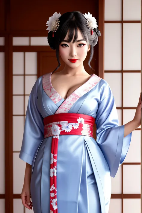 detailed realistic image of 1 young geisha, (full body shot:1.5), traditional japanese beauty, light purple-blue-white sexual kimono with highly detailed traditional pattern, traditional intricate geisha hairstyle, hair sticks, kanzashi, kanoko, bira-bira,...