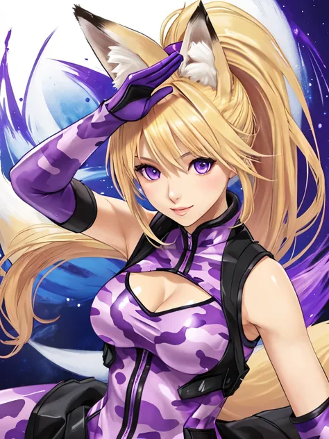 (hyperrealistic), whole body shown, a fox girl with a white fox tail, Sarah Fox, (blonde hair with ponytail), detailed purple eyes, happy, sleeveless purple camouflage Bodysuit, open cleavage, trained body, medium breasts, waving at viewer