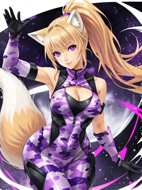 (hyperrealistic), whole body shown, a fox girl with a white fox tail, Sarah Fox, (blonde hair with ponytail), detailed purple eyes, happy, sleeveless purple camouflage Bodysuit, open cleavage, trained body, medium breasts, waving at viewer