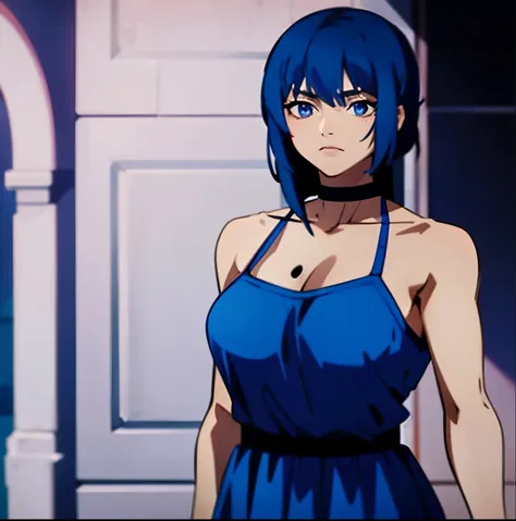 anime girl in blue dress standing in front of a doorway, short blue haired woman, fubuki, in the anime ghost in the shell, motoko kusanagi, ghost in the shell style, faye valentine from cowboy bebop, misato katsuragi, style is a blend of æon flux, female a...