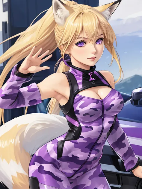 (hyperrealistic), whole body shown, a fox girl with a white fox tail, Sarah Fox, (blonde hair with ponytail), detailed purple eyes, happy, sleeveless purple camouflage Bodysuit, open cleavage, trained body, medium breasts, waving at viewer