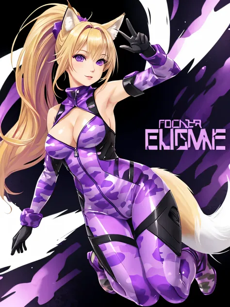 (hyperrealistic), full body, a fox girl with a white fox tail, Sarah Fox, (blonde hair with ponytail), detailed purple eyes, happy, sleeveless purple camouflage Bodysuit, open cleavage, trained body, medium breasts, waving at viewer