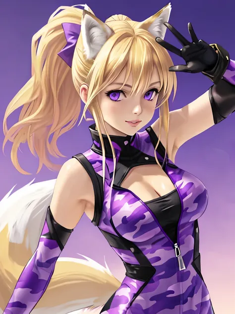 (hyperrealistic), a fox girl with a white fox tail, Sarah Fox, (blonde hair with ponytail), detailed purple eyes, happy, sleeveless purple camouflage Bodysuit, open cleavage, trained body, medium breasts, waving at viewer