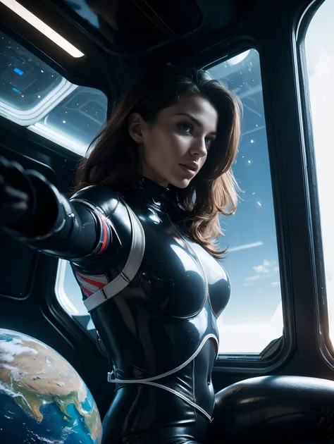 Masterpiece, UHD. Inside a spaceship. From side Next to a large window showing planet earth, an ultra hot gorgeous European woman, age 23, she’s a playmate, men magazine model. She wear a tight cyberpunk astronaut suit covering all her body. No helmet. She...