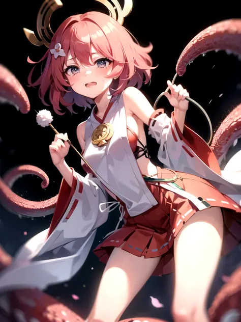 Miko girl, Flower hair ornaments, tentacles pit, tentacles, crying with open mouse, 