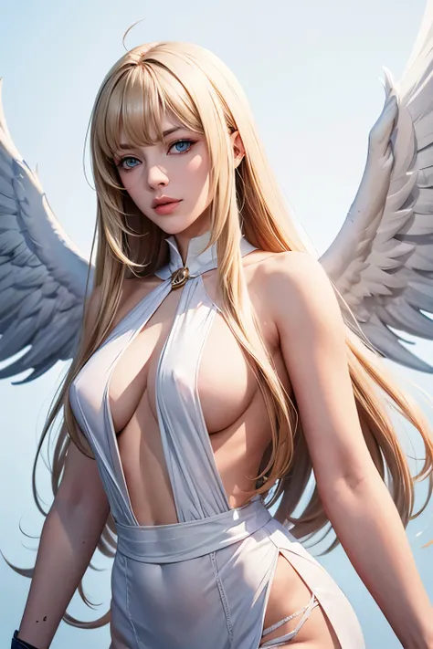 Long yellow hair blue eyes perfect face mature and responsible serious angel wings