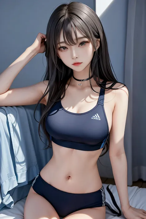 （​masterpiece，Highest Quality），，小柄，A dark-haired，Medium Hair，Light blue sports bra