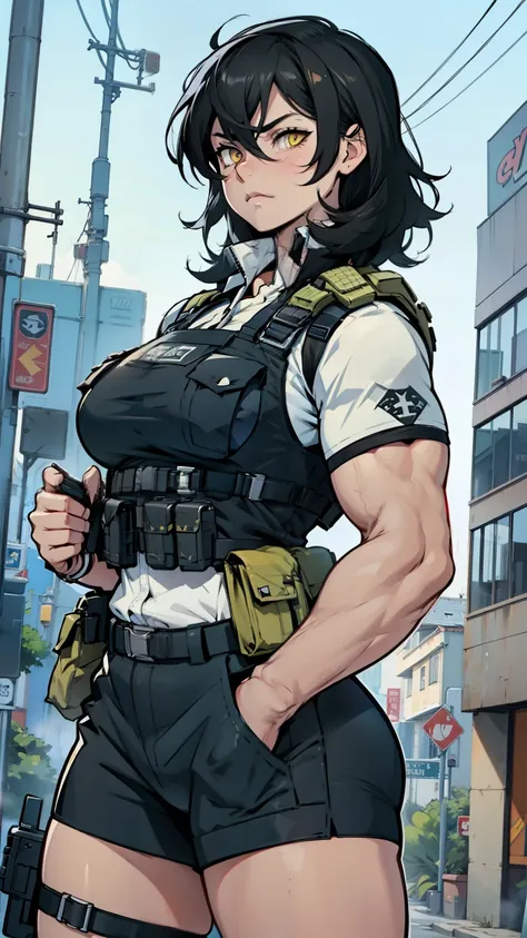 sad muscular girl thick black hair yellow eyes pale thick breasts combat gear bulletproof vest straps pockets