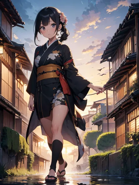 (8K Resolution), (8K,UHD),High resolution, intricate artwork, A girl wearing a kimono with long black striped hair, walking in a bamboo forest, go to a small village, cloud, dawn, Wind, bird, background is calm