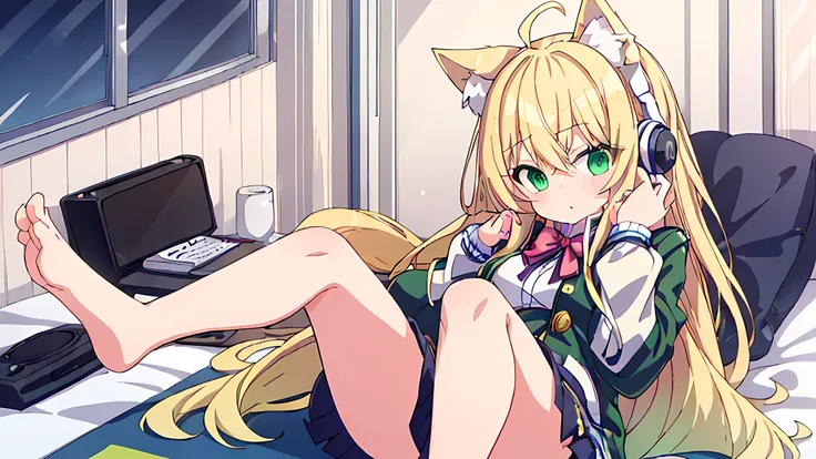 a long blond haired cute cat girl  with cute green eyes  with headphones on  wearing a jacket and a mini skirt is listening to m...