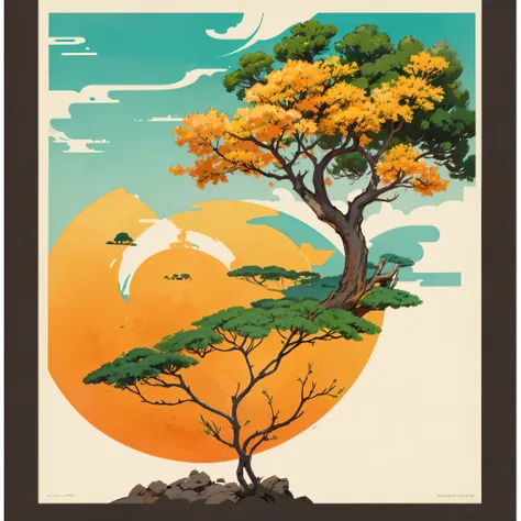 a poster illustration of a spotted orange and white cat, on a rich yellow background, with bonsai tree-like teal clouds drifting...