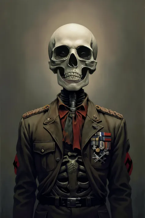 1man, painting of skeleton in a nazi ss uniform, dystopian, creepy, nightmare, disturbing, creepy, gloomy, rotten, by zdzislaw b...