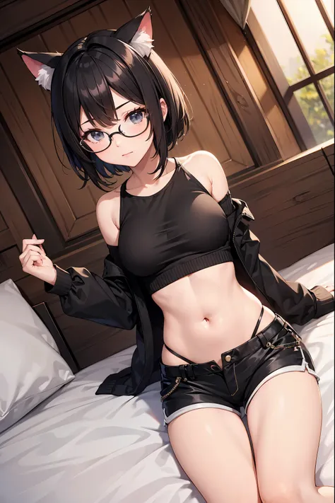 a woman is wearing glasses and cute top and short shorts stands near the  bed, 1girl, animal ears, solo, shorts, navel, glasses, black hair, cat ears, midriff, short shorts