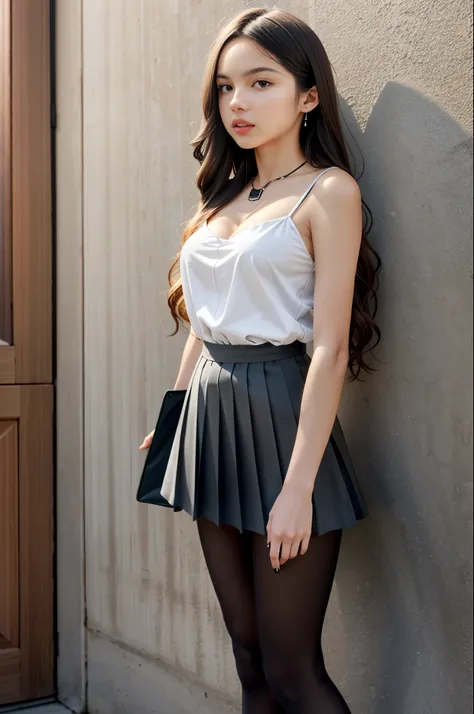 olivia rodrigo, 13 years old, long hair: 1.3, spaghetti strap blouse, pleated skirt, pantyhose, high heels, small breasts, light...