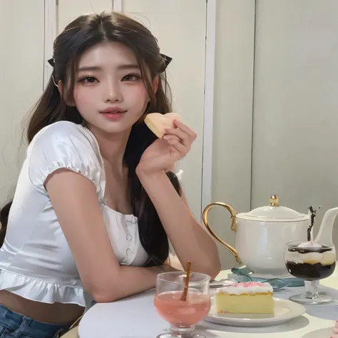 there is a woman sitting at a table with a pastry, bae suzy, jaeyeon nam, jinyoung shin, korean girl, mukbang, beautiful south korean woman, gorgeous young korean woman, ulzzang, beautiful young korean woman, heonhwa choe, 19-year-old girl, eating cakes, g...