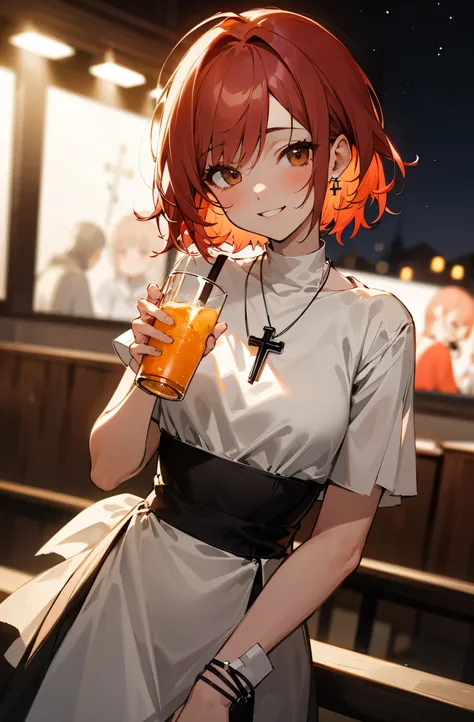 Short red-haired girl with a smile, dressed whit a black dress. brown eyes. She wears a necklace with a Catholic cross. drinking alcohol in the night club . high res, ultrasharp, 8K, masterpiece, looking at viewer. (in the night) (darkness of the night) (d...