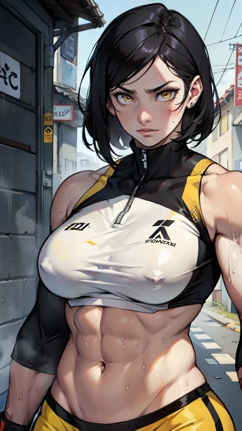 sweaty navel black hair yellow eyes pale skin girl muscular