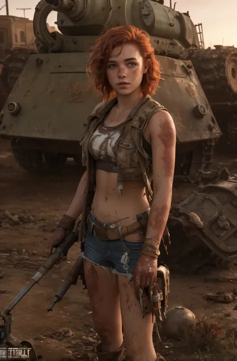 masterpiece, ultra detailed, 8K, Raw photo, Realistic light, Cinematic composition, Realistic face, Realistic skin, full body shot, 18 years old woman, on the exploited and rusty tank, tattered and dirty clothing, postapocalyptic wastlands with riuned sity...